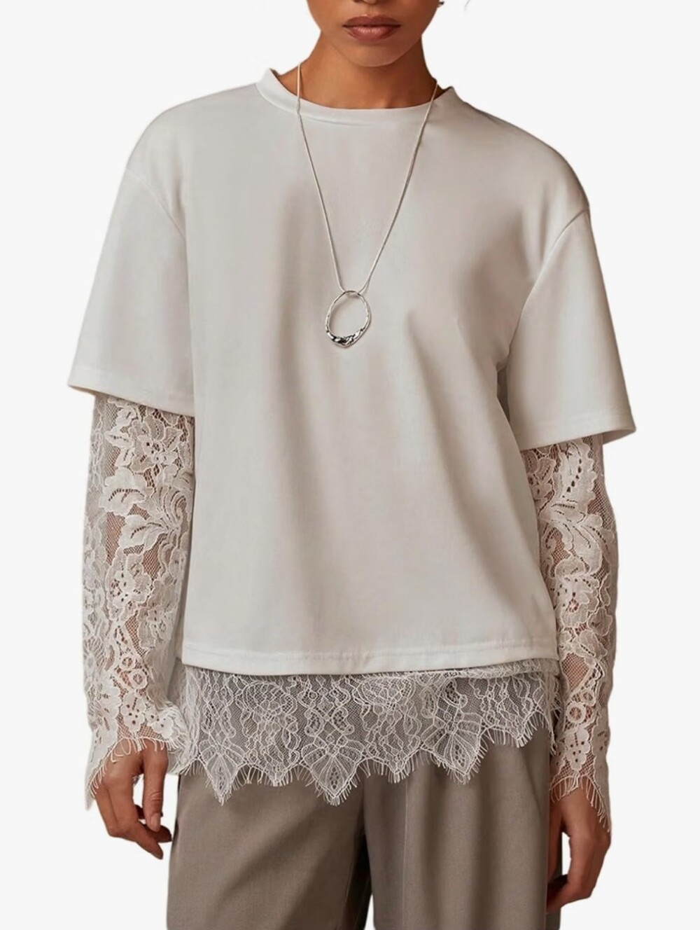 Floral Lace Long Sleeve T Shirt Crew Neck Loose Fit